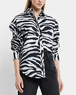 Cotton-Blend Zebra Print Boyfriend Portofino Shirt Multi-Color Women's L