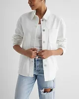 Front Pocket White Denim Shacket White Women's XL