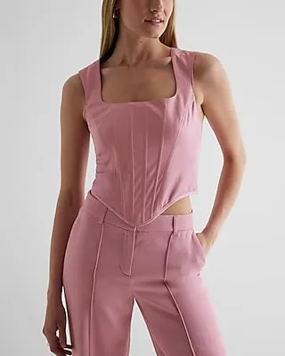 Faux Leather Linen-Blend Square Neck Corset Tank Pink Women's XS