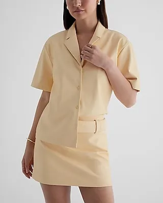Faux Leather Button Up Boxy Shirt Yellow Women's XS