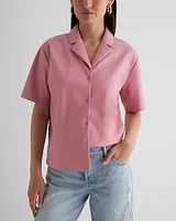 Faux Leather Button Up Boxy Shirt Pink Women's S