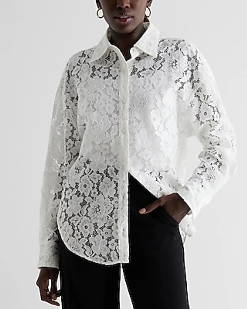 Express Lace Boyfriend Portofino Shirt White Women's XS