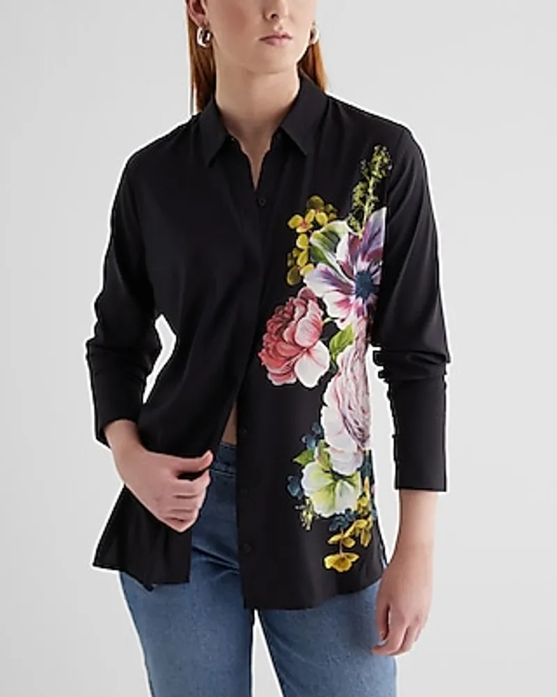 Black Floral Top - Long Sleeve Button-Up Top - Satin Floral Top