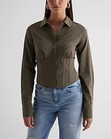 Long Sleeve Button Up Corset Shirt Green Women's