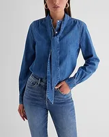 Relaxed Denim Tie Neck Portofino Shirt