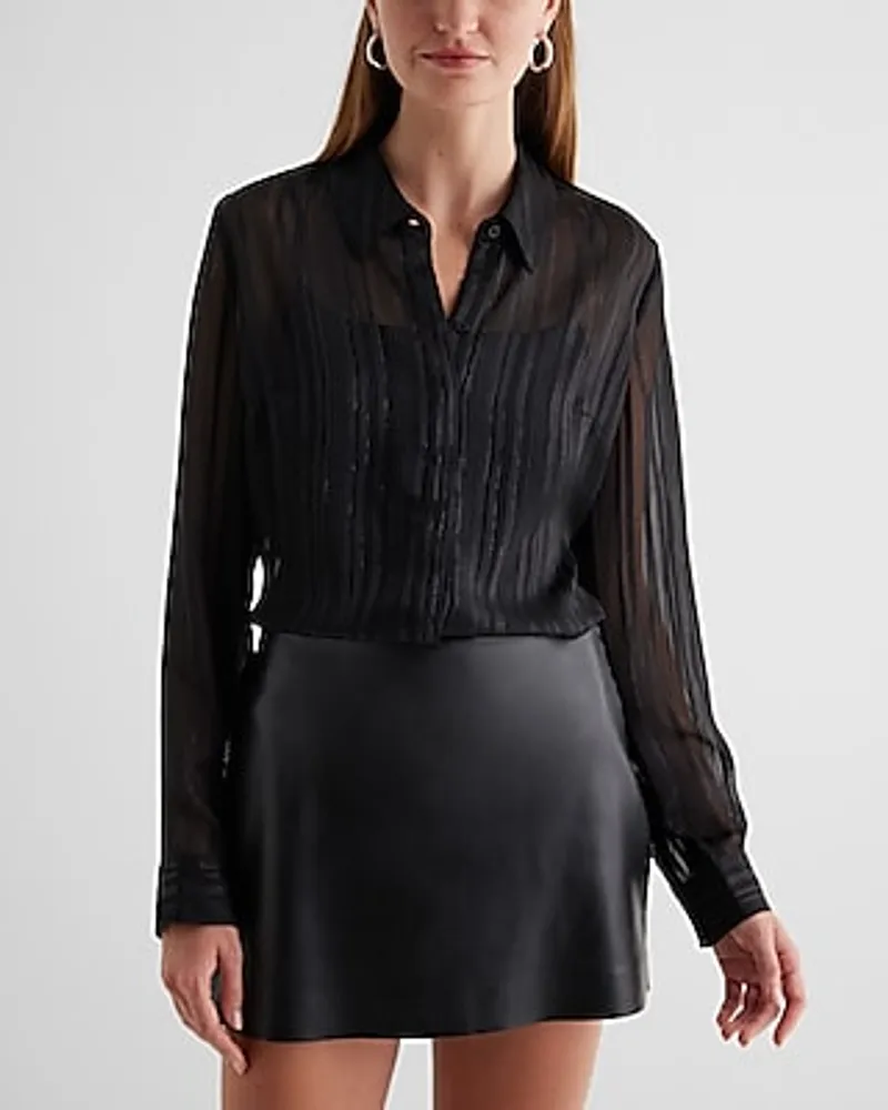 Metallic Striped Sheer Slim Portofino Shirt Black Women's L