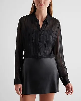 Metallic Striped Sheer Slim Portofino Shirt Black Women's