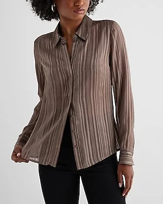 Metallic Striped Sheer Slim Portofino Shirt Brown Women's M