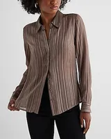 Metallic Striped Sheer Slim Portofino Shirt Brown Women's S