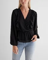 V-Neck Faux Wrap Flutter Ruffle Peplum Top Women's XL