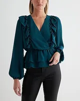 V-Neck Faux Wrap Flutter Ruffle Peplum Top