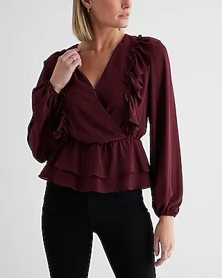 V-Neck Faux Wrap Flutter Ruffle Peplum Top Red Women's S