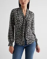 Floral Tie Neck Slim Portofino Shirt Black Women's XS