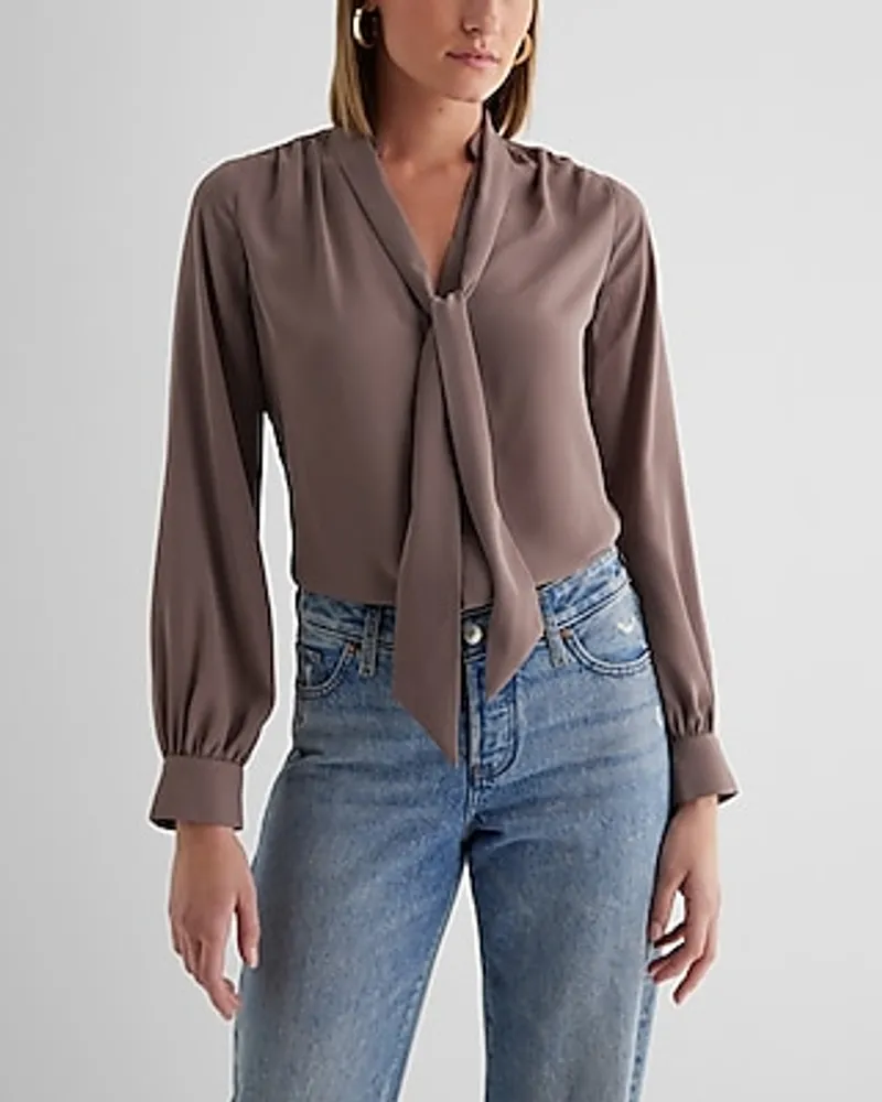 Relaxed Satin Long Sleeve Tie Neck Portofino Shirt