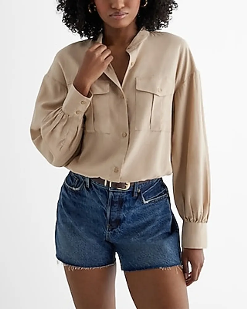 Long Sleeve Front Pocket Cinched Hem Shirt Neutral Women's