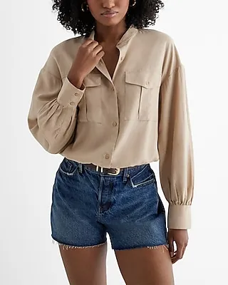 Long Sleeve Front Pocket Cinched Hem Shirt Neutral Women's M