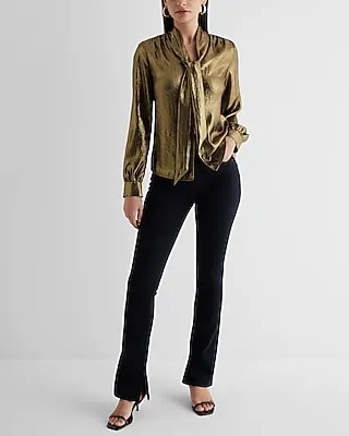 Metallic Relaxed Tie Neck Portofino Shirt Gold Women's XS