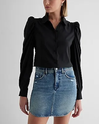 Satin Puff Shoulder Long Sleeve Portofino Shirt Black Women's S