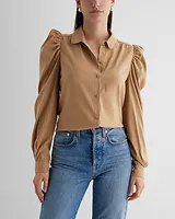 Satin Puff Shoulder Long Sleeve Portofino Shirt Brown Women's XS