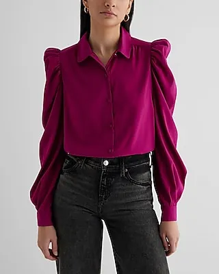 Satin Puff Shoulder Long Sleeve Portofino Shirt Pink Women's XS