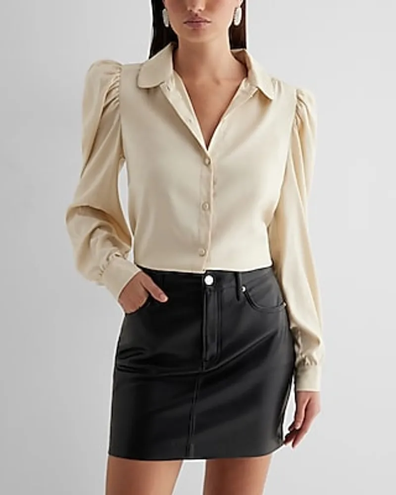 Satin Puff Shoulder Long Sleeve Portofino Shirt Neutral Women's L