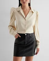 Satin Puff Shoulder Long Sleeve Portofino Shirt Neutral Women's L