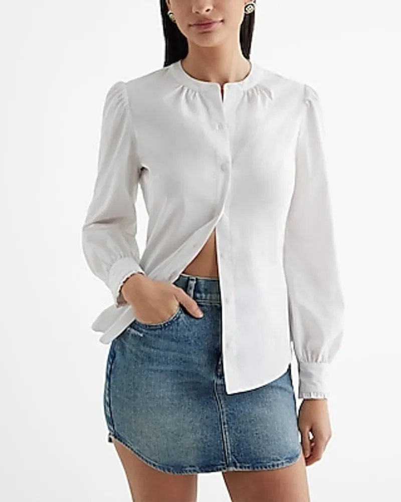 Gathered Neck Portofino Shirt White Women's M