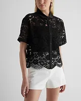 Lace Short Sleeve Button Up Shirt