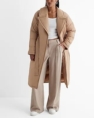 Belted Puffer Trench Coat Brown Women's