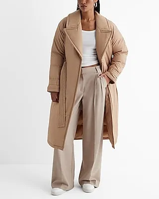 Belted Puffer Trench Coat Brown Women's XS