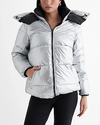 Metallic Reversible Hooded Puffer Coat