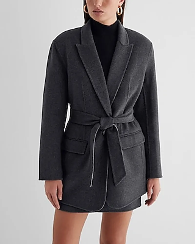 Wool-Blend Oversized Belted Jacket Gray Women's M