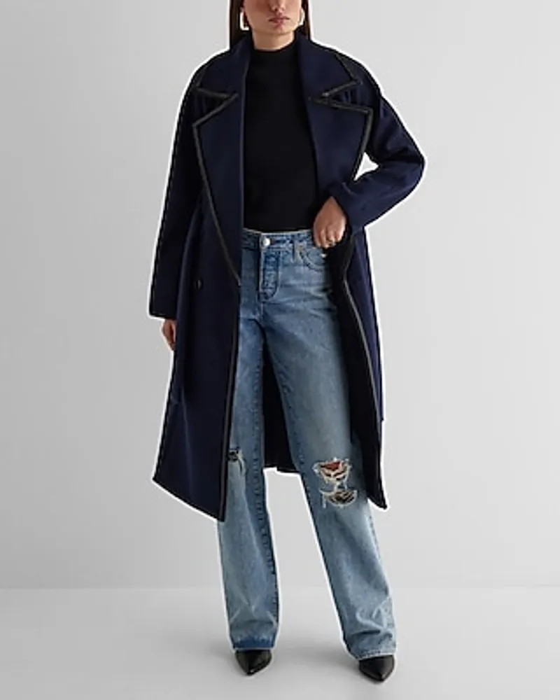 Faux Wool Belted Stitch Tipped Trench Coat