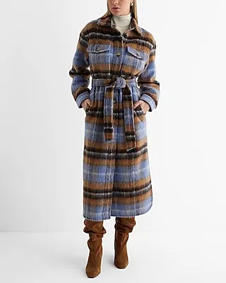 Wool-Blend Plaid Long Belted Shacket