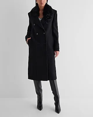 Double Breasted Faux Fur Collar Corsage Coat Black Women's