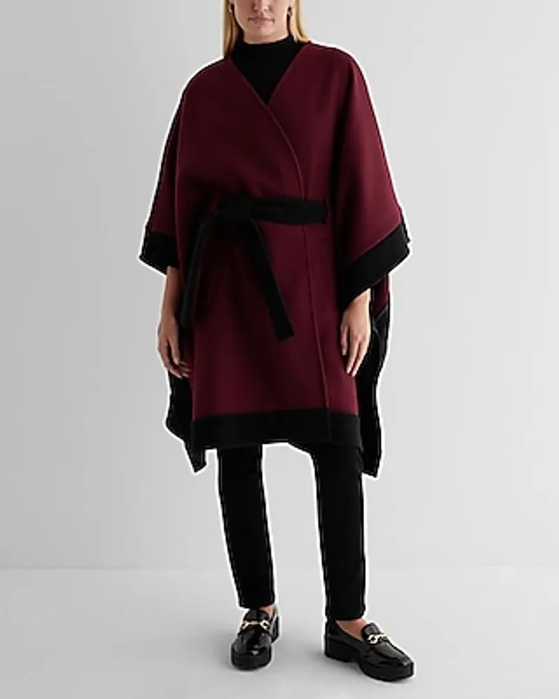 Faux Wool Color Block Belted Cape Coat