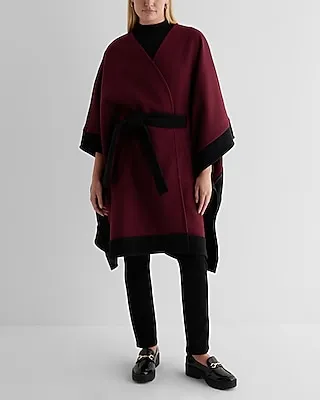 Faux Wool Color Block Belted Cape Coat Red Women's M/L
