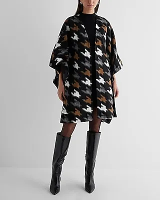 Wool-Blend Houndstooth Belted Cape Coat Multi-Color Women's M/L