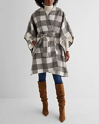 Faux Wool Plaid Belted Cape Coat Multi-Color Women's M/L