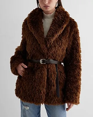 Faux Fur Belted Coat Brown Women's L