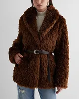 Faux Fur Belted Coat Brown Women