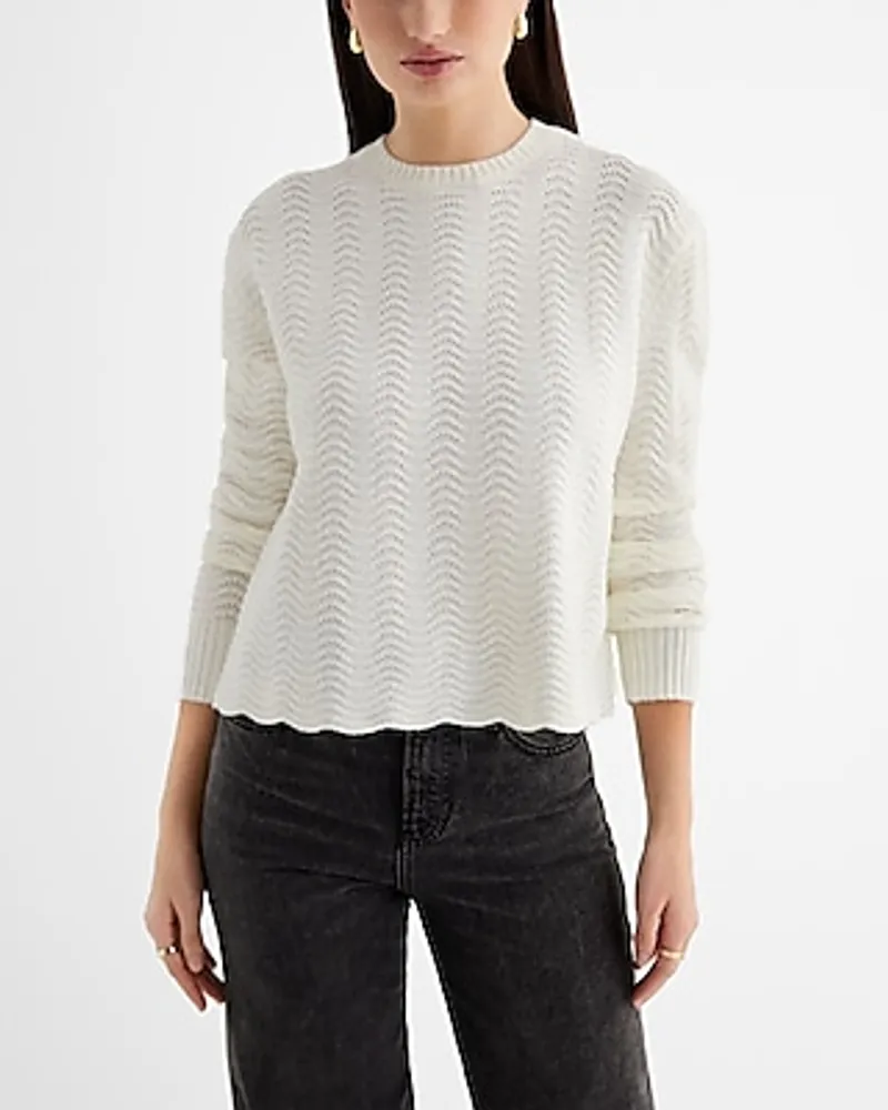 Wavy Stitch Crew Neck Sweater White Women's L