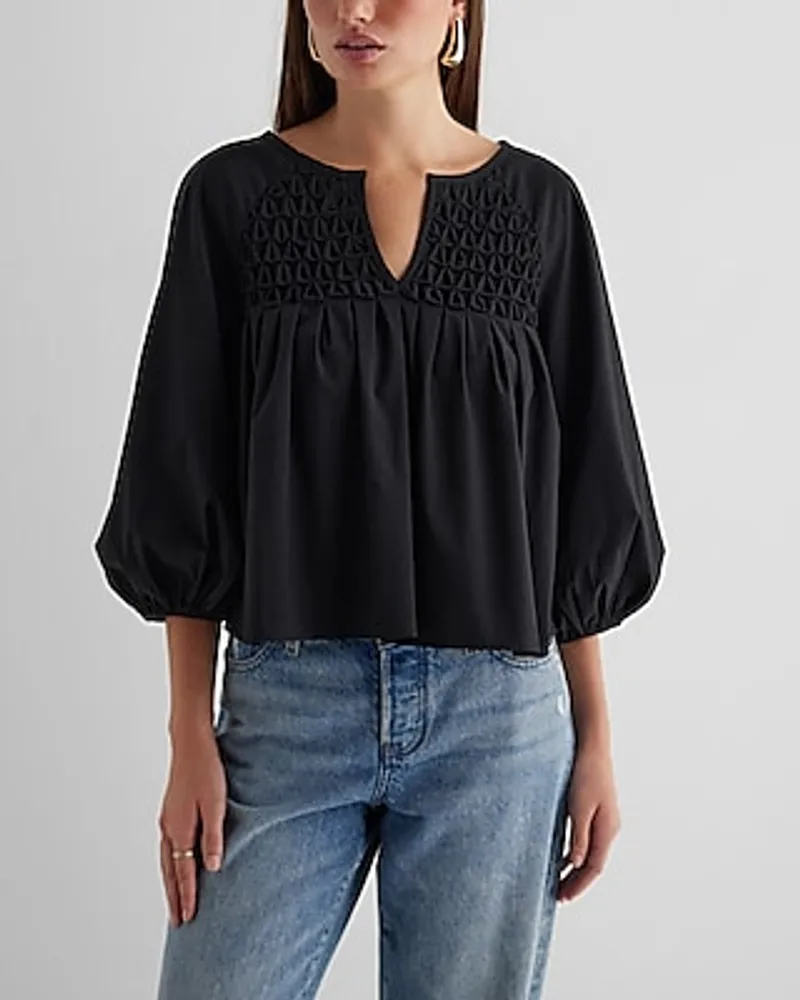 Poplin Textured Pleated V-Neck Balloon Sleeve Top Women's