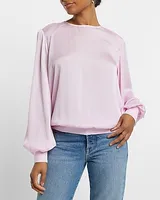 Satin Long Sleeve Padded Shoulder Top Pink Women's XS