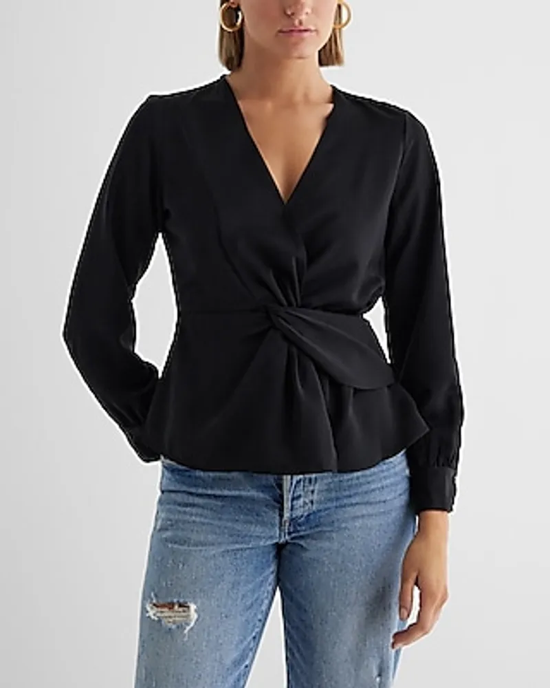 V-Neck Long Sleeve Twist Front Top Black Women's XS