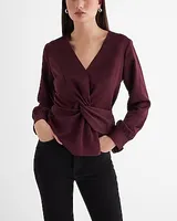 V-Neck Long Sleeve Twist Front Top Purple Women's XS