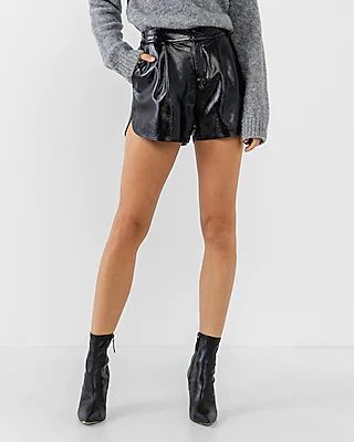 Grey Lab High Waisted Pleated Faux Leather Shorts Black Women's S