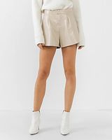 Grey Lab High Waisted Pleated Faux Leather Shorts Brown Women's L