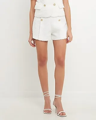 Endless Rose High Waisted Tweed Double Button Shorts White Women's L