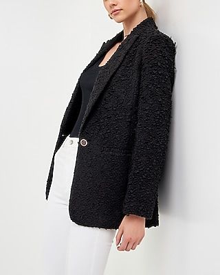 Endless Rose Feather-Trimmed Tweed Cropped Business Blazer Black Women's L